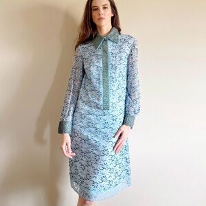 Vintage 60s Beaded, Baby Blue Lace, Shift Dress - Small